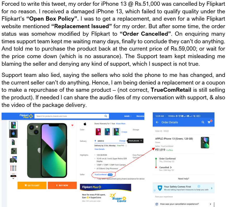 anishinvincible's tweet photo. @PiyushGoyal Sir not the #MakeIndia we believed in. How can we report such mass breach with @jagograhakjago.
#bigbilliondays2022 @Flipkart @flipkartsupport @Apple #TrueComRetail https://t.co/5F9WfYLra6
