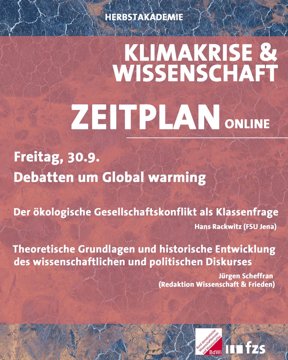 Ab 14 Uhr läuft unsere diesjährige Herbstakademie „#Klimakrise &amp; #Wissenschaft“. Den Auftakt macht Prof. Jürgen Scheffran (<a href="/W_und_F/">Wissenschaft und Frieden</a>) mit „Theoretische Grundlagen und historische Entwicklung des wissenschaftlichen und politischen Diskurses“ 
💻Einwahldaten: zoom.us/j/96910531592?…