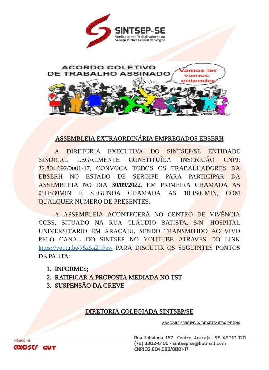 Sintsep_SE's tweet photo. Edital de convocação Assembleia Geral Extraordinária das trabalhadoras e trabalhadores @Ebserh_Gov em Sergipe.  https://t.co/vLAvBhSwbM https://t.co/YzgxNujQ9B