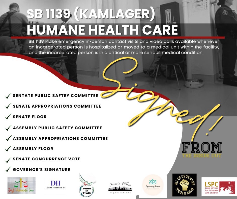 📢SB1139 Humane Healthcare SIGNED📢 Thank you @gavinnewsom for signing SB1139 Ensuring that those incarcerated receive Humane Healthcare! Thank you @sydneykamlager & @prisonftio_inc for Authoring & Sponsoring this amazing bill! Thank you to all of the supporters, Co-sponsors!