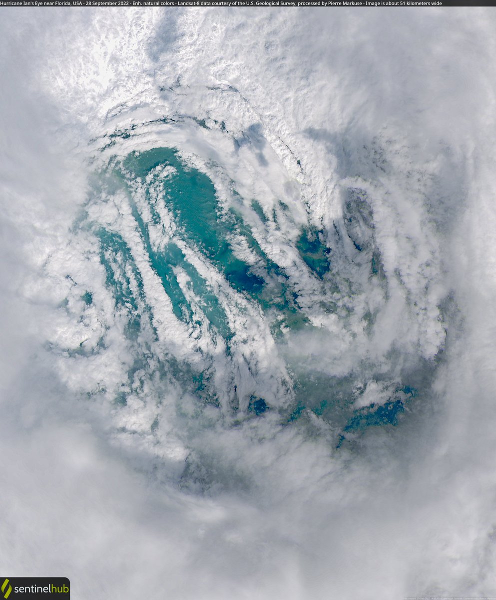 NoodweerBenelux's tweet photo. Goedemorgen Twitter! Bijzonder fraaie opname van het #oog van orkaan #Ian. De diameter bedraagt ongeveer 50 km en de opname werd gemaakt door de Landsat-8 satelliet. Rondom het oog bevinden zijn hoge muren van onweerswolken en windstoten tot 250 km/u. In het oog vaak windstil. 🧐 https://t.co/pEtAmncMLt