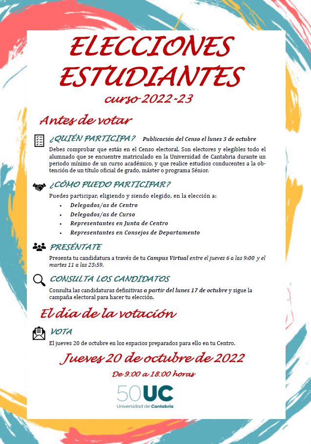 ELECCIONES ESTUDIANTES | El día 20 de octubre se celebrarán las Elecciones a Representantes de Estudiantes en Junta de Centro, Consejos de Departamento, Delegados/as de Curso y de Centro.
🗓️20 de octubre
⏰9:00-18:00
📍Tu Escuela o Facultad
+ Info: web.unican.es/consejo-direcc…