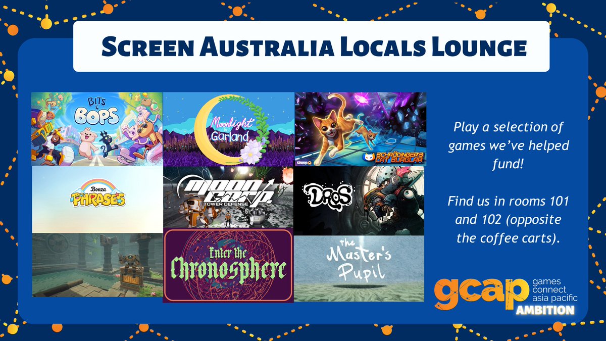 You could be a cat cat burglar and solve puzzles! You could move to the big city for a fresh start! You could explore inside the eye of the artist Monet! This is but a taste of what you can try at the <a href="/ScreenAustralia/">ScreenAustralia</a>'s Locals Lounge as part of <a href="/GCAPConf/">GCAP 2024</a>. Find us at rooms 101/102