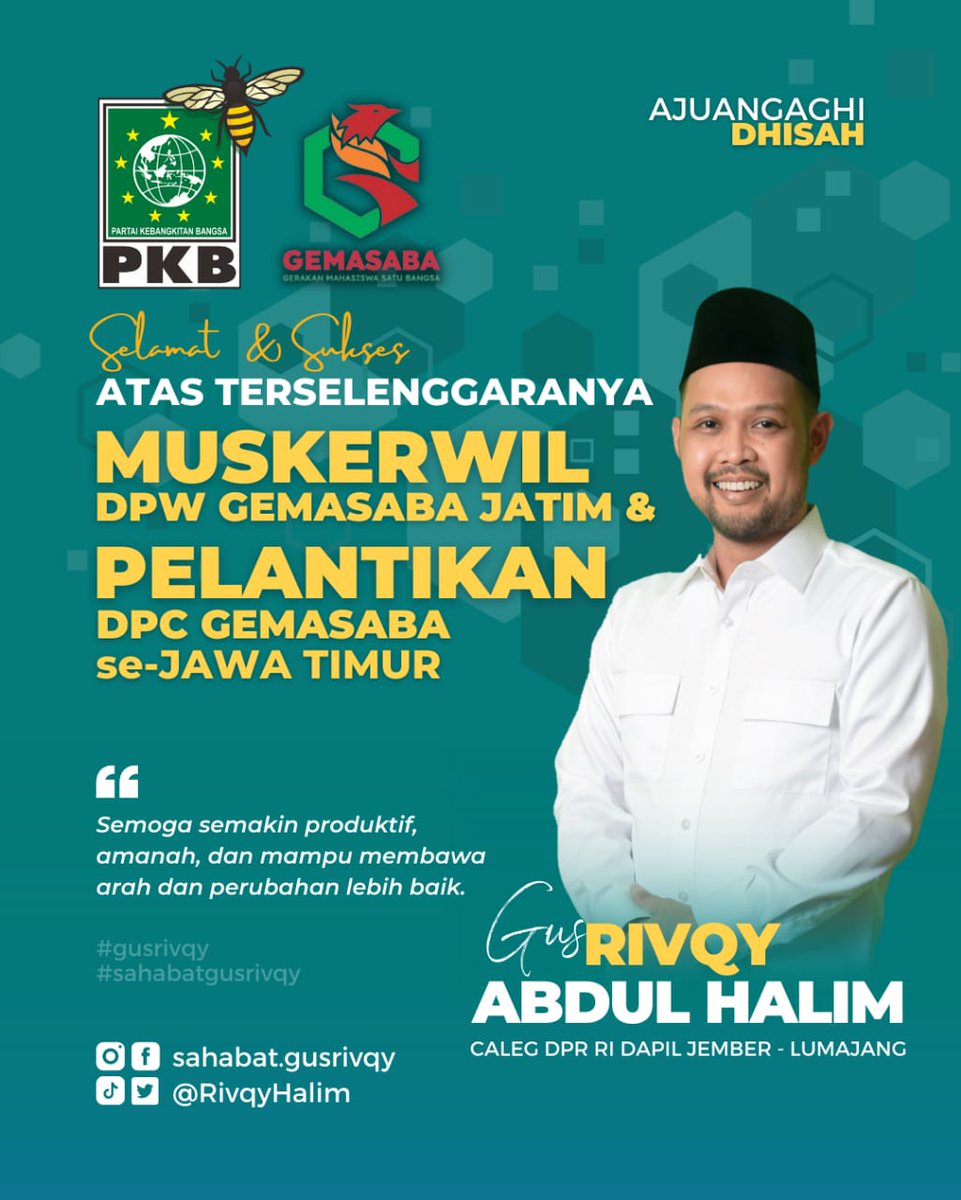 RivqyHalim's tweet photo. Selamat dan Sukses atas terselenggaranya Muskerwil DPW GEMASABA JATIM dan Pelantikan DPC GEMASABA se-Jawa Timur secara serentak.
Semoga semakin produktif, amanah dan mampu membawa arah dan perubahan lebih baik.
#gusrivqy #sahabatgusrivqy #gemasaba #gemasabajatim #gusmuhaimin https://t.co/MI0iwxf3xb