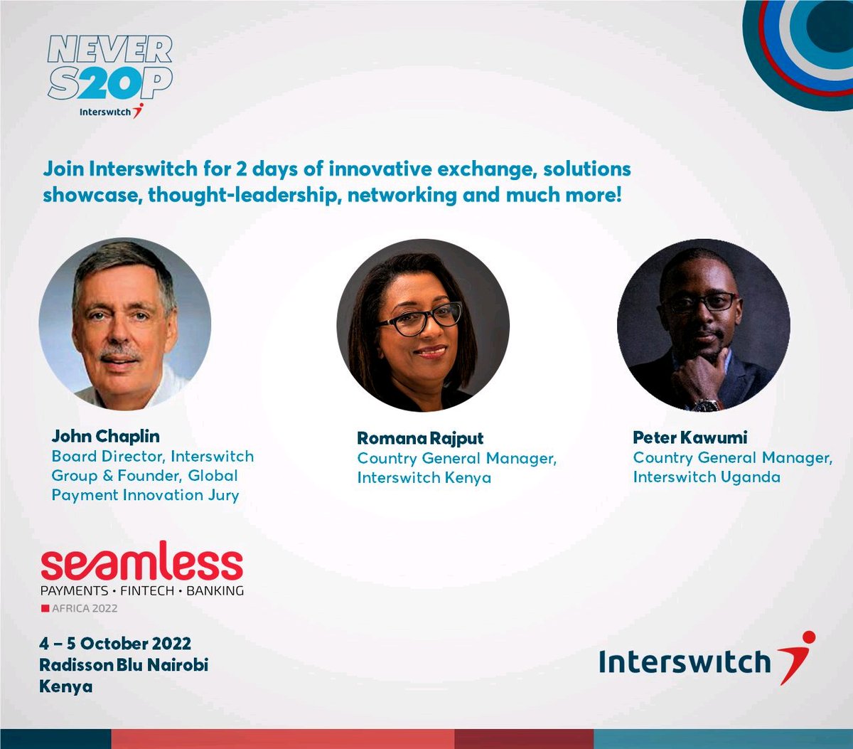 InterswitchKE's tweet photo. 3 days to go to Seamless Africa in #Nairobi 🇰🇪 ....
#WatchThisSpace for a big announcement we have lined up at Seamless Africa!
#Interswitch
#SeamlessAfrica2022
#NeverStop
#NeverS20P https://t.co/oh6Z6U3qPr