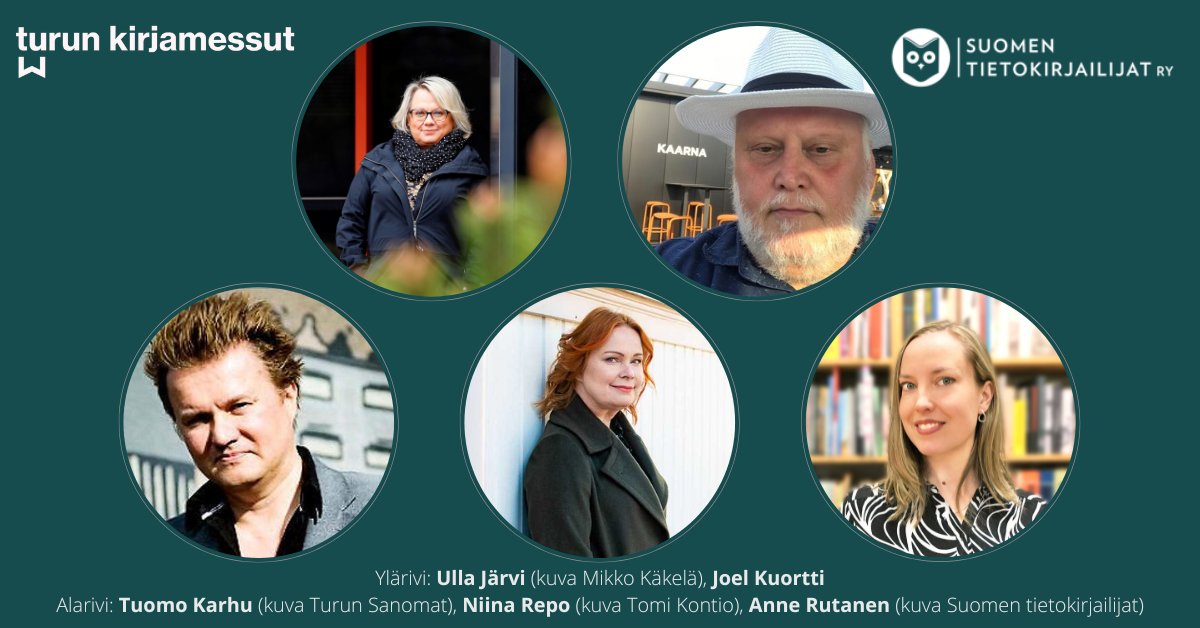 Tietokirjailija's tweet photo. Tietokirjaraati ruotii viittä ajankohtaista tietokirjaa tänään lauantaina 1.10. klo 15.50 Turun Kirjamessuilla Puisto-lavalla. Raadissa ovat Ulla Järvi, Tuomo Karhu, Joel Kuortti ja Niina Repo. Anne Rutanen juontaa. Tervetuloa kuulolle! #kirjamessut https://t.co/Vtnx8GkkfK