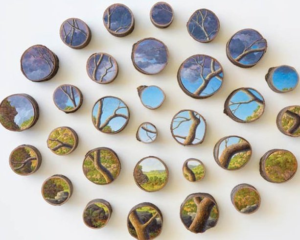 Paintings on the surfaces of cut logs by US artist Alison Moritsugu #womensart