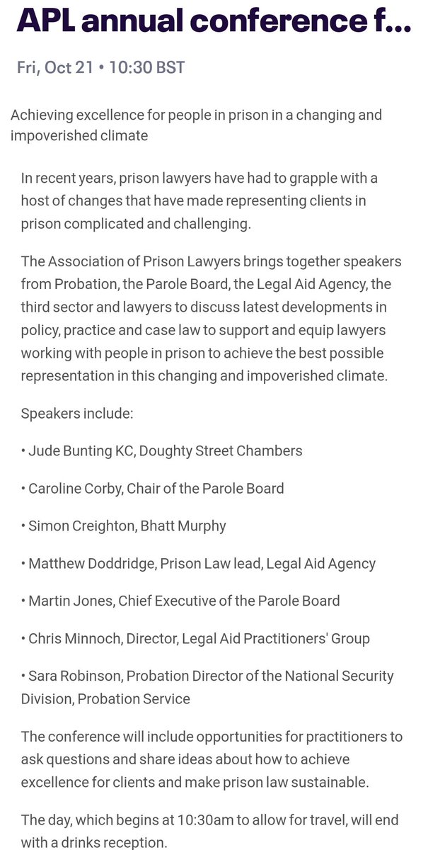 📢 Calling all prison lawyers Bookings for @PrisonLawyrsAPL *in person* conference @DoughtyStPublic are now open Don't miss early bird special deal for members available for one week only Date: Friday 21 October eventbrite.co.uk/e/apl-annual-c…