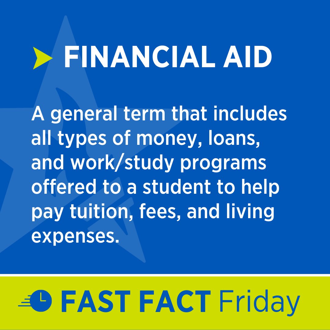 💡 It’s #FastFactFriday!  Get to know the U.S. higher education system, one fact at a time.  

▶️ Financial aid:  A general term that includes all types of money, loans, and work/study programs offered to a student to help pay tuition, fees, and living expenses.