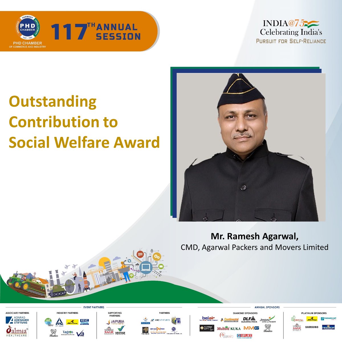 phdchamber's tweet photo. We recognise Mr. Ramesh Agarwal, CMD, Agarwal Packers and Movers Limited with the Outstanding Contribution to Social Welfare Award at at PHDCCI’s 117th Annual Session 2022 ‘India@75: Celebrating India’s Pursuit for Self-Reliance’ https://t.co/dgQXCv2Nnm