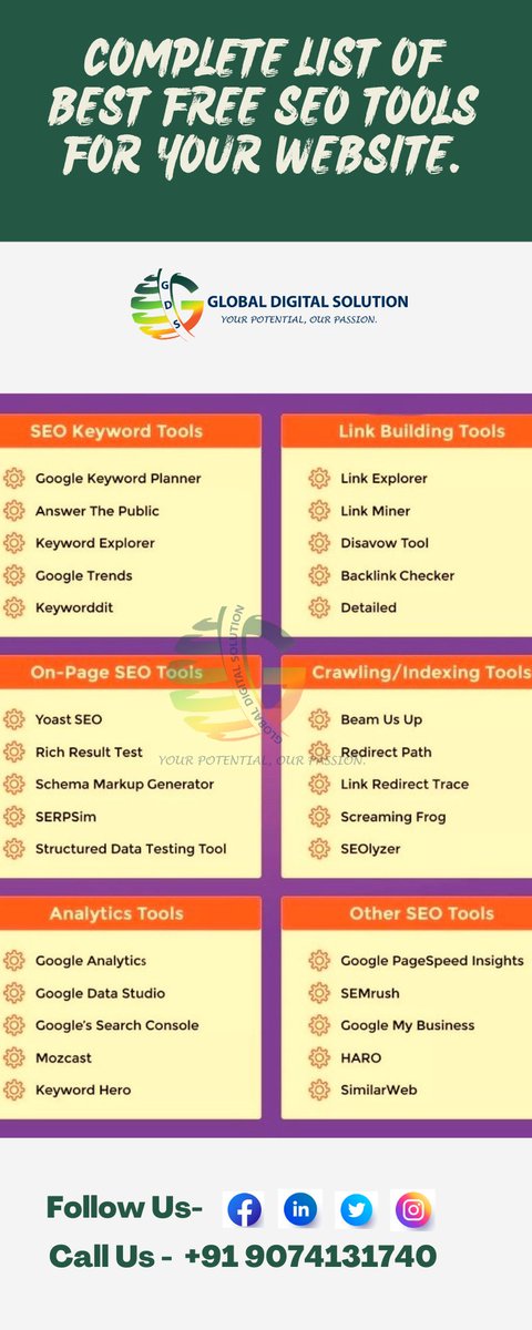 Complete List of Best Free SEO Tools For Your Website.
Stayed Tuned with #GlobalDigitalSolution !
Reach us @ +91 9074131740
#GlobalDigitalSolution #digitalmarketing #branding #contentmarketing #content #seo #seotool #seoservice #seoexpert #searchengineoptimization #marketing