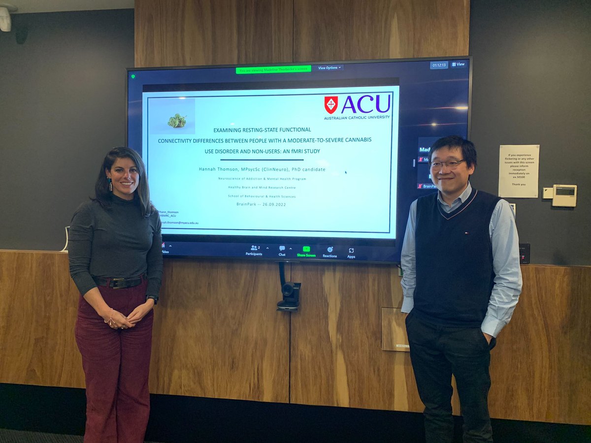 BrainPark's tweet photo. This week at #BrainPark we had the pleasure of having @hann_thomson, a PhD candidate from our friends at @HBMRC_ACU 👋🏼! Hannah presented #fMRI findings on the brain changes involved in #cannabis use disorder and the potential use of #mindfulness in managing these effects. 🧘🏻♀️🍃 https://t.co/2Yb0B64nAF