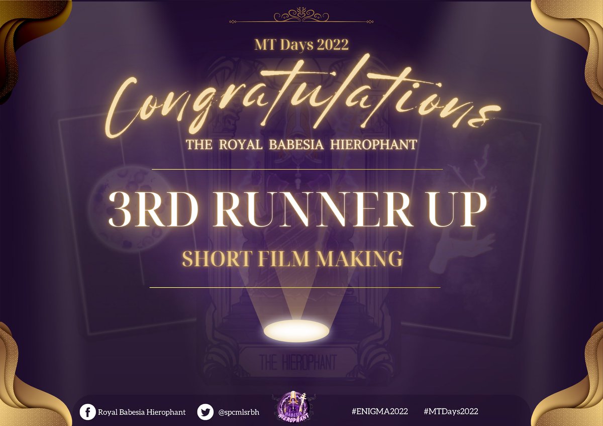 spcmlsrbh's tweet photo. 𝗟𝗜𝗧𝗘𝗥𝗔𝗥𝗬 𝗘𝗩𝗘𝗡𝗧𝗦 | Awards

• Spoken Poetry: Champion (English) &amp; 2nd Runner-up (Filipino)
• Essay Writing: 3rd Runner-up
• Short Film Making: 3rd Runner-up

Congratulations, 𝐇𝐢𝐞𝐫𝐨𝐩𝐡𝐚𝐧𝐭𝐬!

#ROYALSareHIERtoWIN
#ENIGMA2022
#MTDays2022 https://t.co/uMIbpDnHLZ