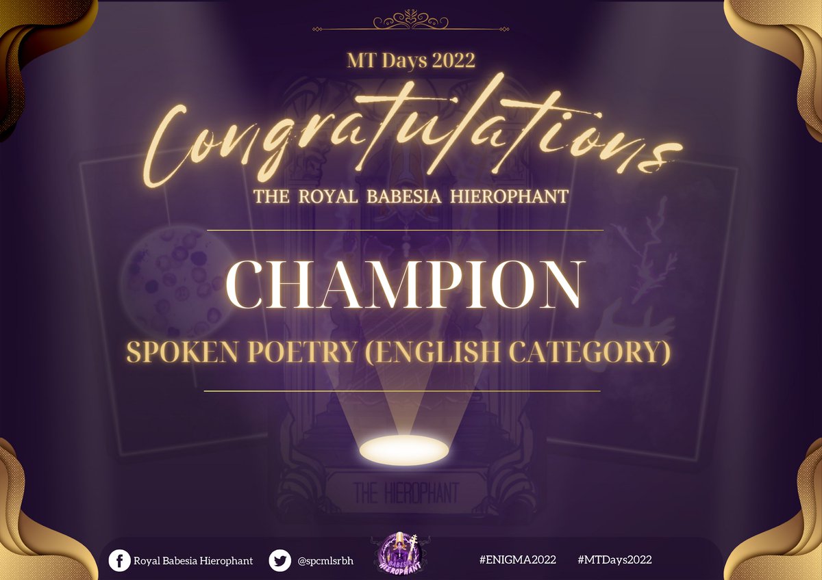 spcmlsrbh's tweet photo. 𝗟𝗜𝗧𝗘𝗥𝗔𝗥𝗬 𝗘𝗩𝗘𝗡𝗧𝗦 | Awards

• Spoken Poetry: Champion (English) &amp; 2nd Runner-up (Filipino)
• Essay Writing: 3rd Runner-up
• Short Film Making: 3rd Runner-up

Congratulations, 𝐇𝐢𝐞𝐫𝐨𝐩𝐡𝐚𝐧𝐭𝐬!

#ROYALSareHIERtoWIN
#ENIGMA2022
#MTDays2022 https://t.co/uMIbpDnHLZ
