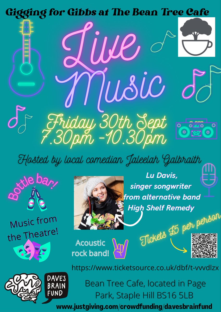 Plans for tonight sorted 👌 Join us for a cracking evening of live music at the Bean Tree Cafe 🎶🎤

Tickets £5 via this link or on the door:
ticketsource.co.uk/dbf/t-vvvdlzx

Bar &amp;AMAZING raffle prizes to be won!🎟

#davesbrainfund #donate4dave  #GiggingForGibbs #livemusic #bristolevents