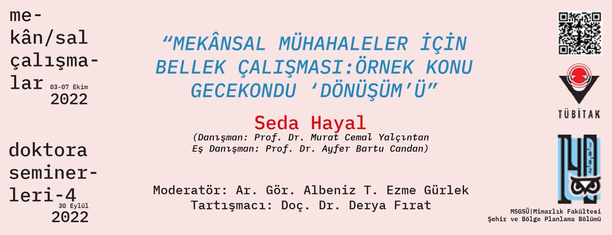 Şimdi yayında!

#doktoraseminerleri4
Dr. Seda Hayal’in “Mekânsal Müdahaleler İçin Bellek Çalışması: Örnek Konu Gecekondu “Dönüşüm”ü” başlıklı doktora tezini içeren semineri linkten izleyebilirsiniz:

youtube.com/watch?v=vLm_DV…