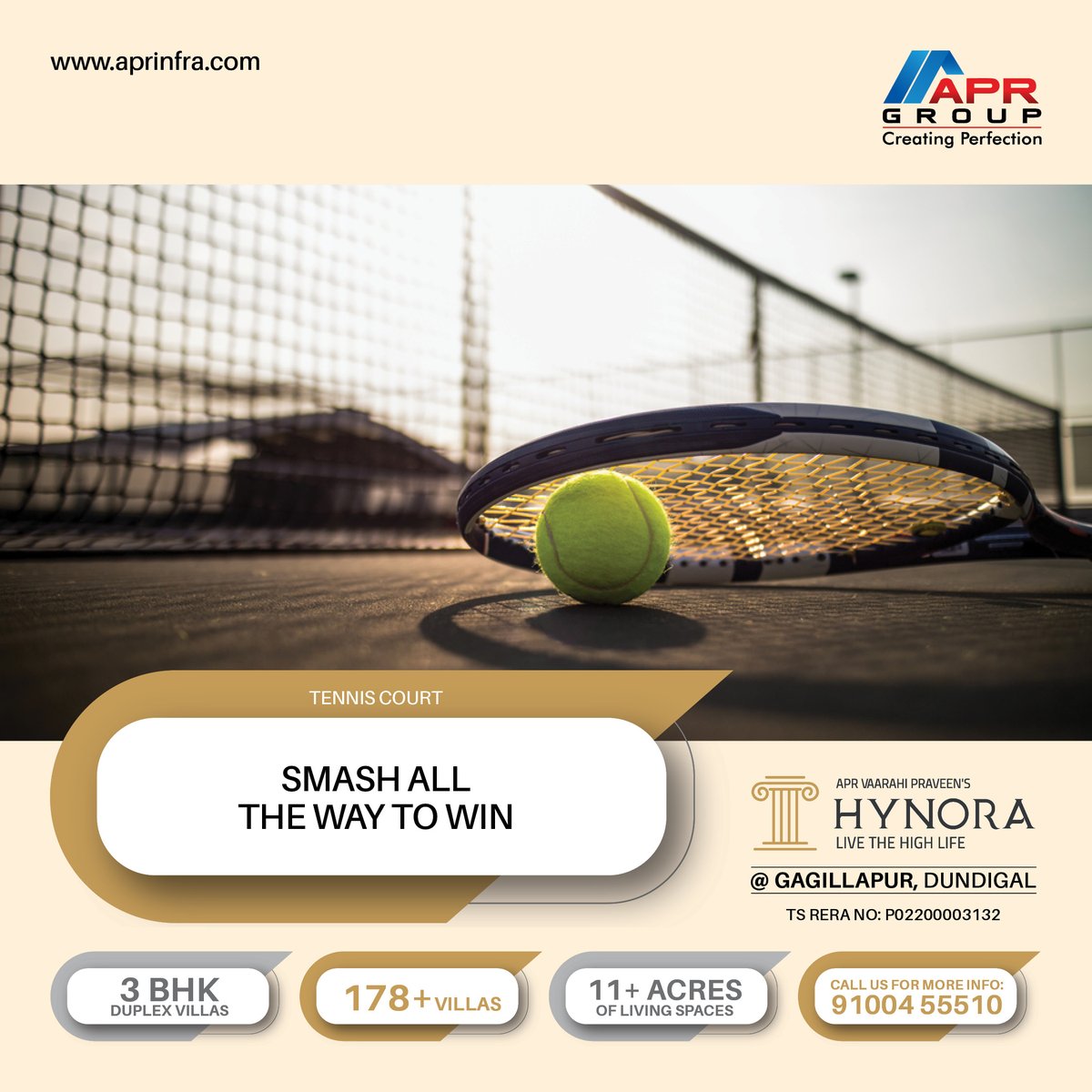 AprProjects's tweet photo. Lose your stress and build your energy at the Tennis court with a fun match with your pals.

#APR #APRGroup #Hynora #3bhk #duplexvillas #villas #villasforsale #Gagillapur #Dundigal #APRProjects https://t.co/hgeREEbTos