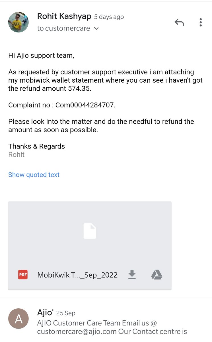 Rohit030393's tweet photo. @AJIOLife Hi Ajio,

I already shared my mobiwick bank statement in pdf format to ajio customer care. I will reshare it again if you want, I will attach the screenshot for your reference which i have shared to you over email to have a look. https://t.co/huO0vtw3zR