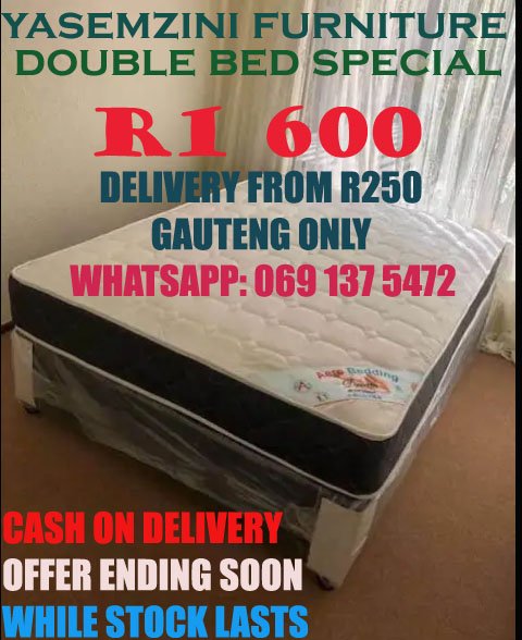 YasemziniSA's tweet photo. 📣 Same Day Delivery on brand new double bed. Only R1600.
💵Cash on Delivery 🚛
📍Gauteng only
📱 069 137 5472
Ghostlady Uncle Waffles Manqoba Trevor Noah Soweto #LoadsheddingStage5 Mpoomy #BBNaija7 #deephouse #HandsOffJoburg Malema #RamaphosaQandA Dali City of Johannesburg https://t.co/g3DGX8Em9D