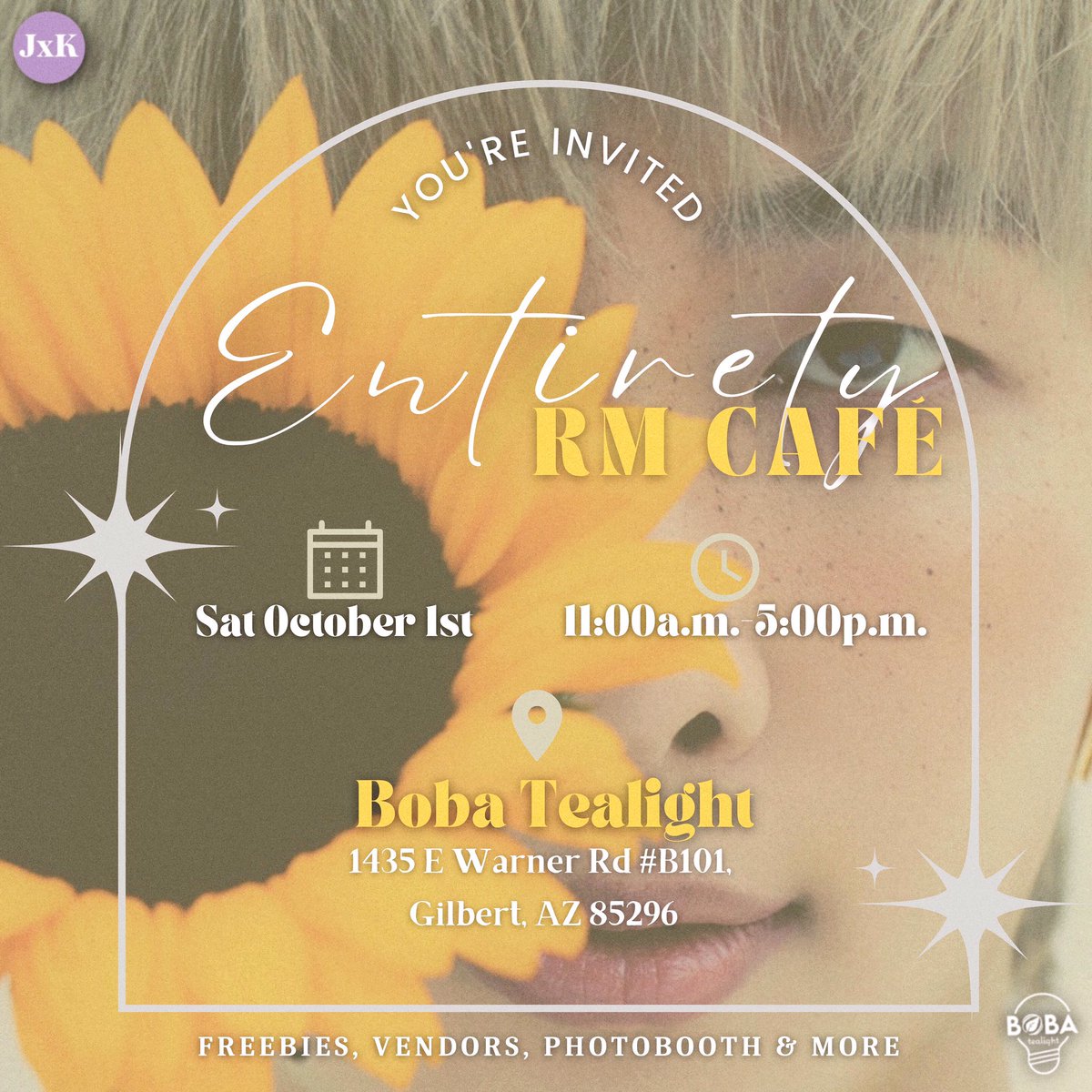 JOCExKASS's tweet photo. #AZARMY celebrate the best leader’s birthday with us at the 
#Entirety #RM Café🌻

🗓October 1st (SAT)

 ⏰11:00am-5:00pm

📍Boba Tealight
1435 E Warner Rd #B101, 
Gilbert, AZ 85296

#MeMyselfandRM #RMCafe #BestLeaderNamjoon #NamjoonDay #Namjoon #Namjooning #HappyBirthdayNamjoon https://t.co/5g6v3YpLK5