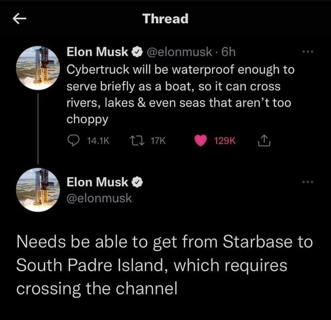 slovakevguy's tweet photo. #Cybertruck bude dosť vodotesný na to, aby preplával cez rieku, jazero, aj pokojnejšie more. Musk sa proste potrebuje dostať zo #Starbase na #SouthPadre 🗿 Kde by si vzal svoj Cyberboat? 🛥 @TeslaSlovakia https://t.co/DKQADmiPyp