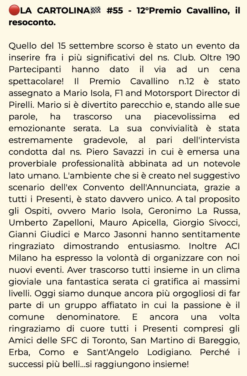 Sfc_Abb's tweet photo. 🔴LA CARTOLINA🏁 #55 - 12°Premio Cavallino, il resoconto.

Quello del 15 settembre scorso è stato un evento da inserire fra i più significativi del ns. Club. Oltre 190 Partecipanti hanno dato il via ad un cena spettacolare! Il Premio Cavallino n.12! https://t.co/BaN7xL1HyL