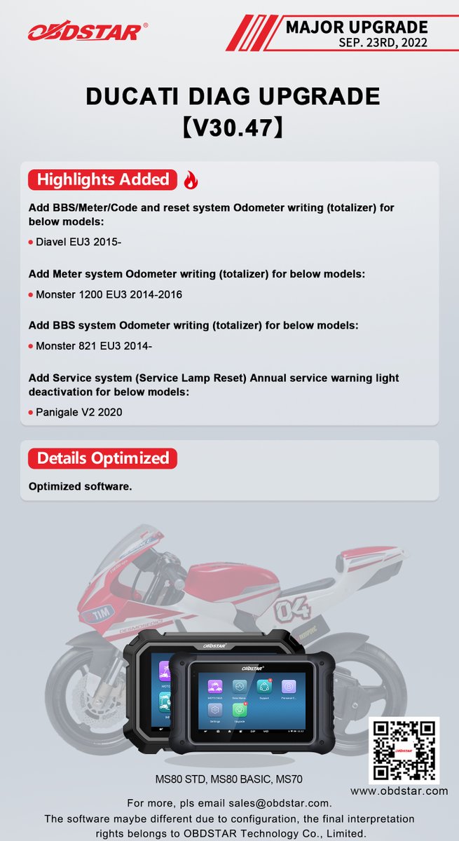 ObdstarTec's tweet photo. #OBDSTAR #Motorcycle #Diag
#MajorUpgrade
CFMOTO DIAG UPGRADE【V30.32】
DUCATI DIAG UPGRADE【V30.47】
#GeneralUpgrade
DAYANG DIAG UPGRADE【V30.14】
HAOJIANG DIAG UPGRADE【V30.11】
#motorcyclescanner #scannertool #diagtool #motordiag #MS80STD https://t.co/zrxSRsbLPF
