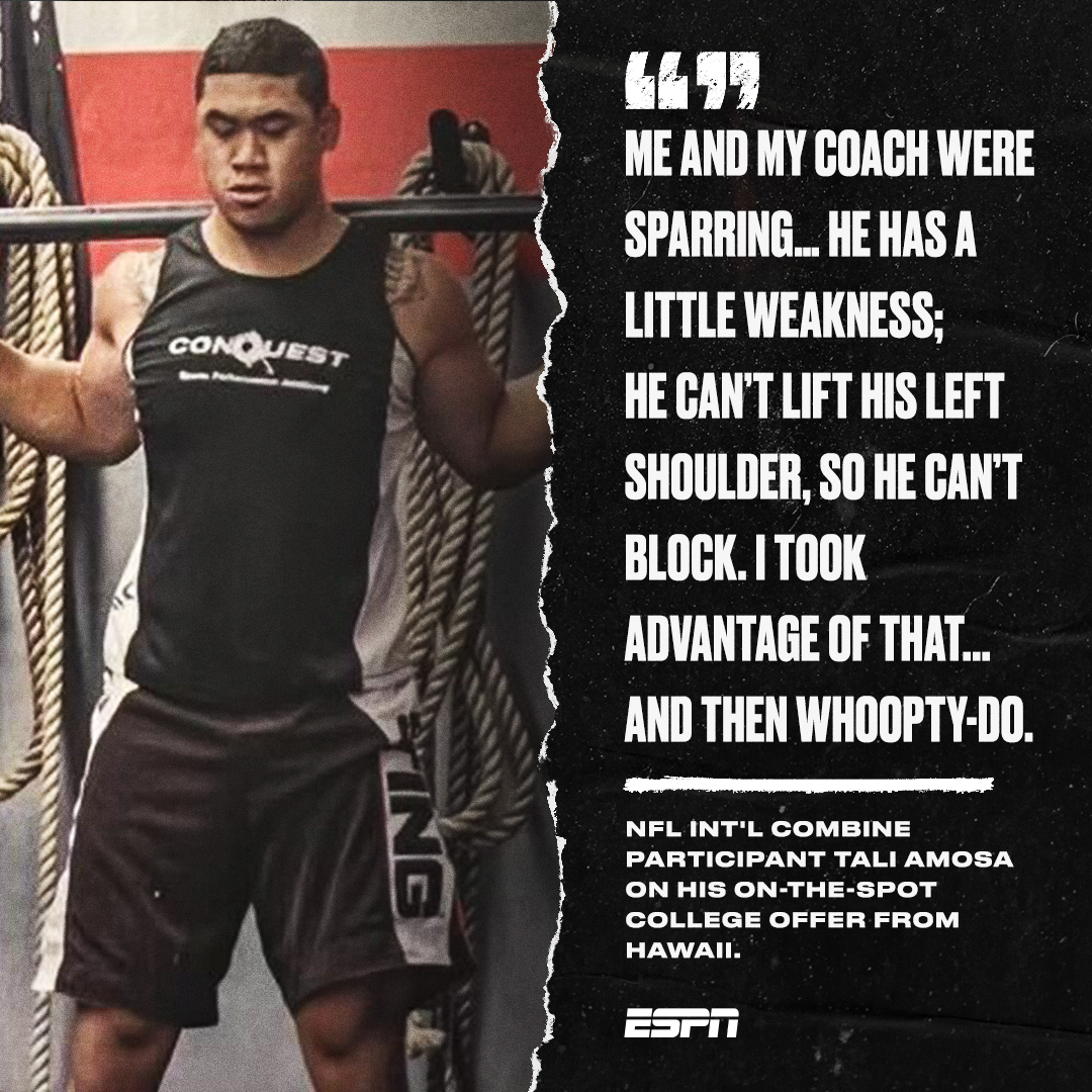 ESPNAusNZ's tweet photo. 120,000km+ of flights
4 colleges
1 crucial shiner
A lot of lifting and a lot burritos
6β5β, 125kg NFL hopeful Tali Amosaβs football journey to the NFL International Combine in London has been far from ordinary.
READ WHYπ https://t.co/ZXR0SeEeBC https://t.co/mHmEv5MDS7