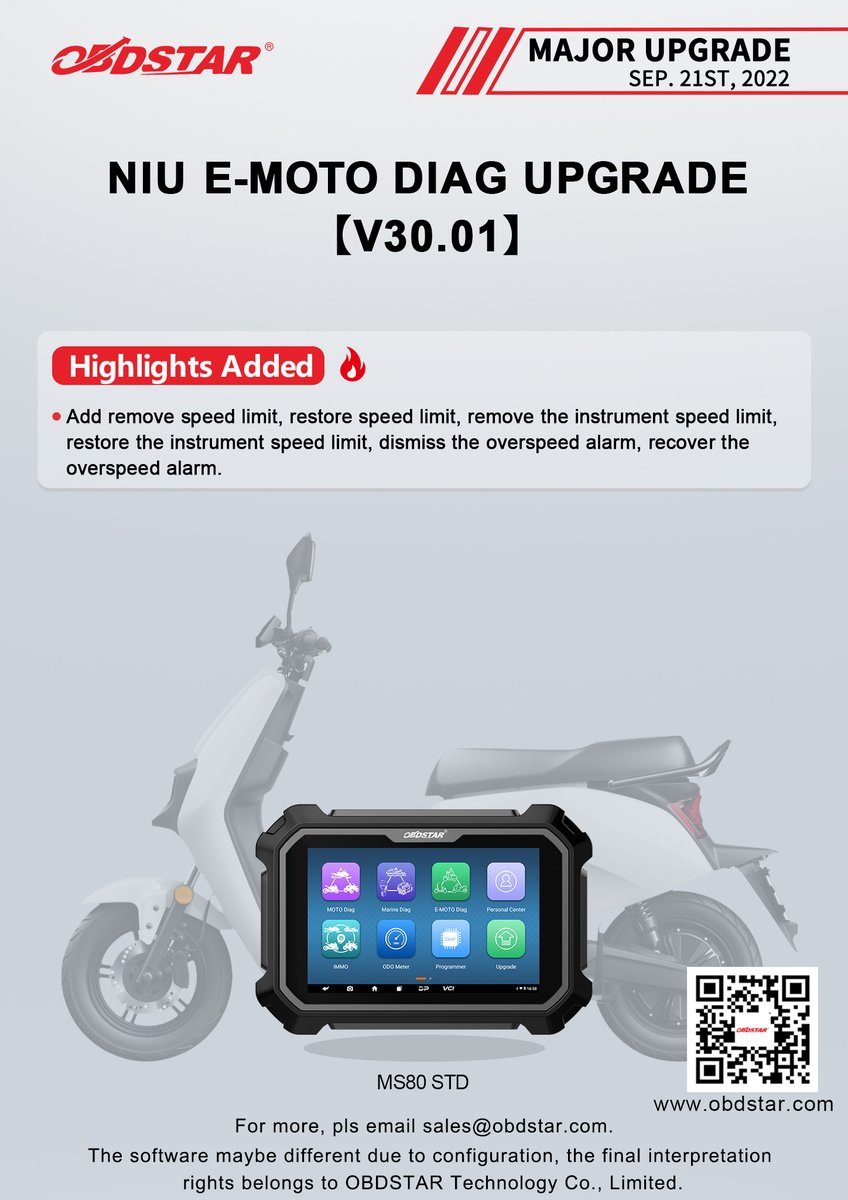 ObdstarTec's tweet photo. #OBDSTAR #Motorcycle #EMoto #Diag
#MajorUpgrade
NIU E-MOTO DIAG UPGRADE【V30.01】
#GeneralUpgrade
QJMOTOR DIAG UPGRADE【V30.09】
#motorcyclescanner #scannertool #diagtool #motordiag #MS80STD https://t.co/n1VEcPN6IP