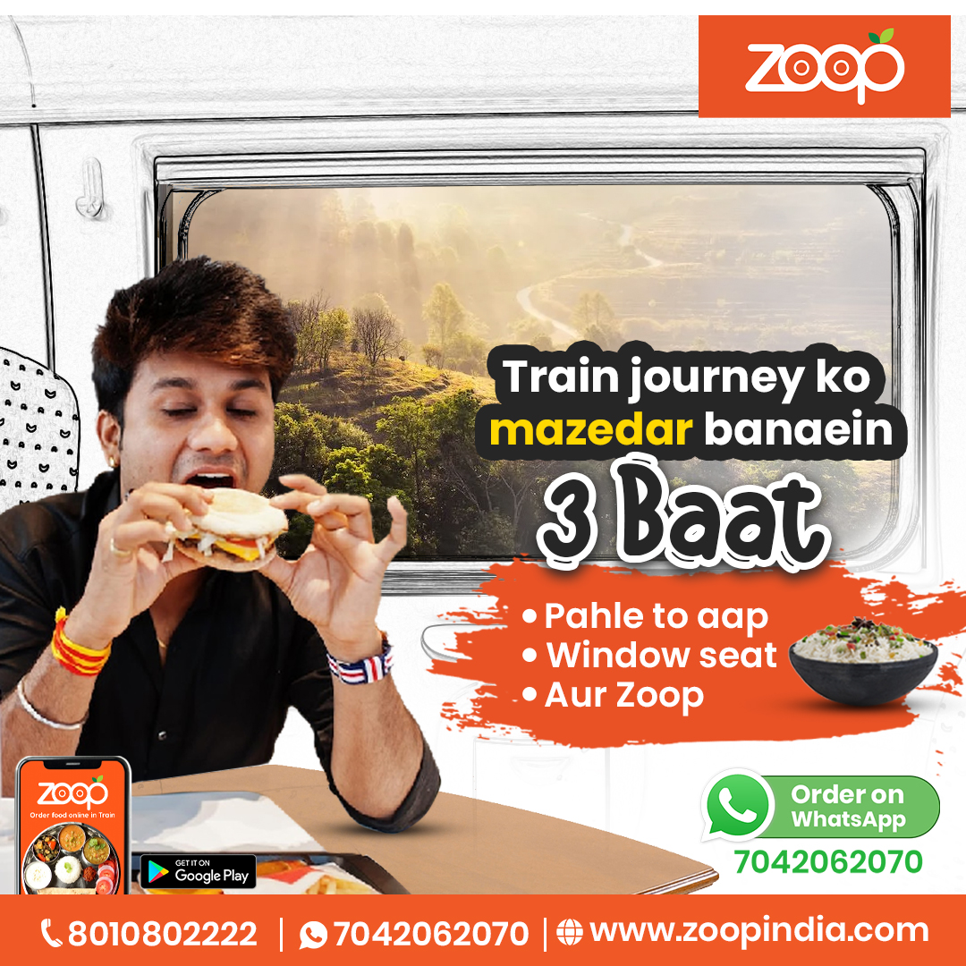 Zoop_Food's tweet photo. Three factors that make train Journey Joyful

1. You

2. Window Seat

3. Food delivered by Zoop

Visit us at https://t.co/QxC5kHIlPH

#zoopfood #zoop #zoopdelivers #zoopit #foodontrain #foodintrain https://t.co/Sq3vkDH11Q