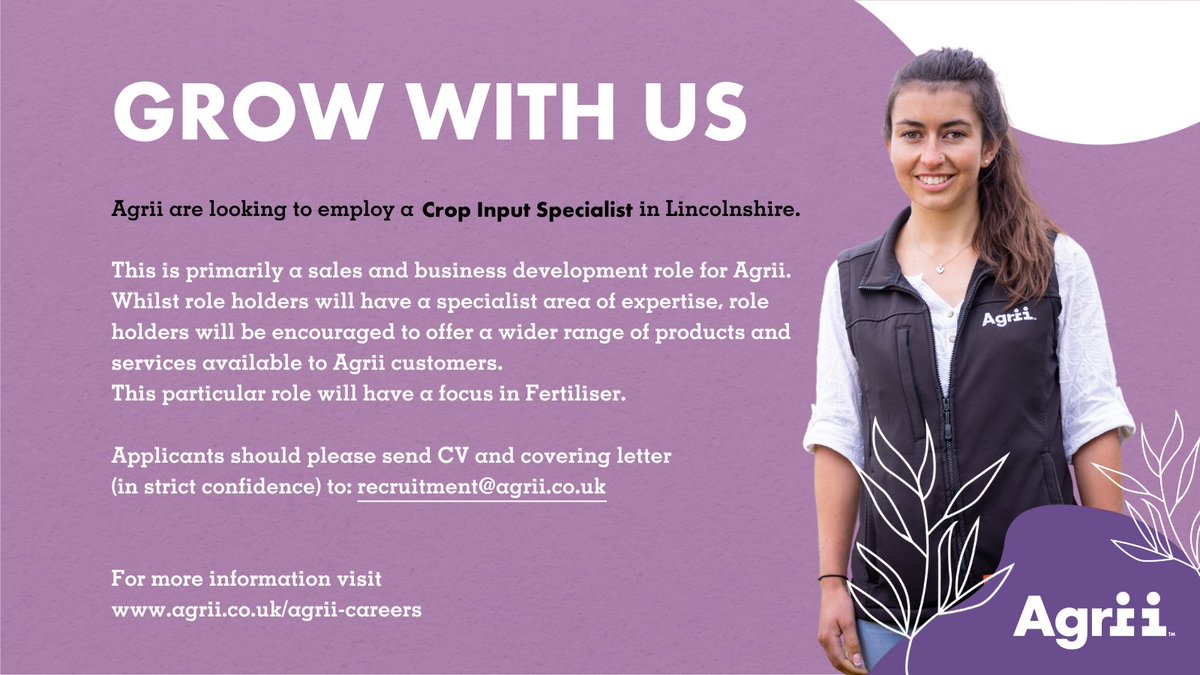 GROW WITH US

+ Crop Input Specialist  #Lincolnshire 

You will work alongside progressive growers and agronomists to help maximise input use efficiency, increasing crop performance and yields.

Full details at bit.ly/AgriiCareers

#iAmAgrii #CareersInAgriculture