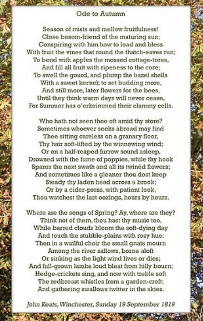 Lovely early morning drive to work this morning, misty valleys and the trees beginning to turn that lovely russet colour. Autumn is definitely my favourite season. Also reminded me of my English Teacher who has inspired a life long love of Keats (thank you Sir!).