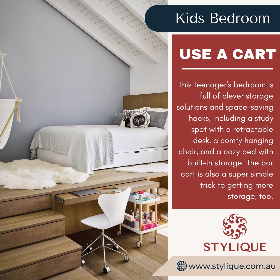 This teenager's bedroom is full of clever storage solutions and space-saving hacks, including a study spot with a retractable desk, a comfy hanging chair, and a cozy bed with built-in storage.😍 
 
#kidsbedroomideas #kidsdesign #kidsroominspiration