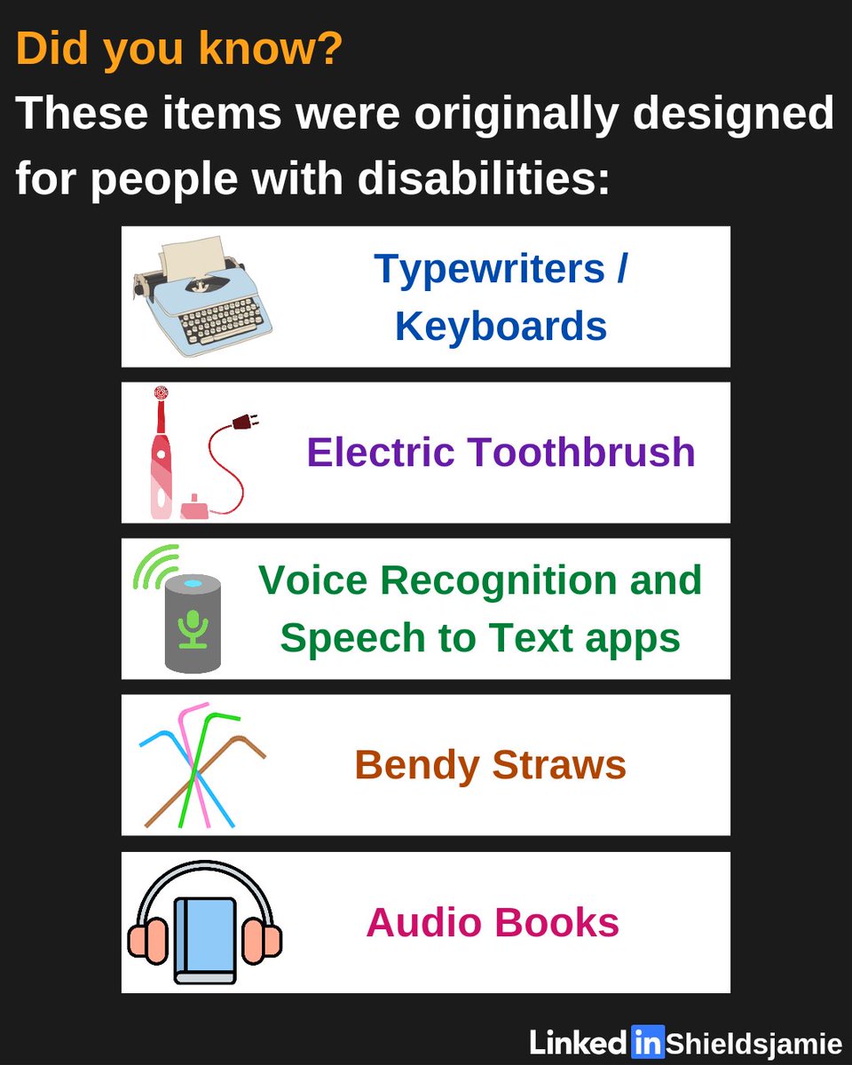 Universal Design benefits everyone. Did you know❓ These items were originally designed for people with disabilities: Typewriters / Keyboards Electric Toothbrush Voice Recognition and Speech to Text apps Bendy Straws Audio Books #FridayFeeling