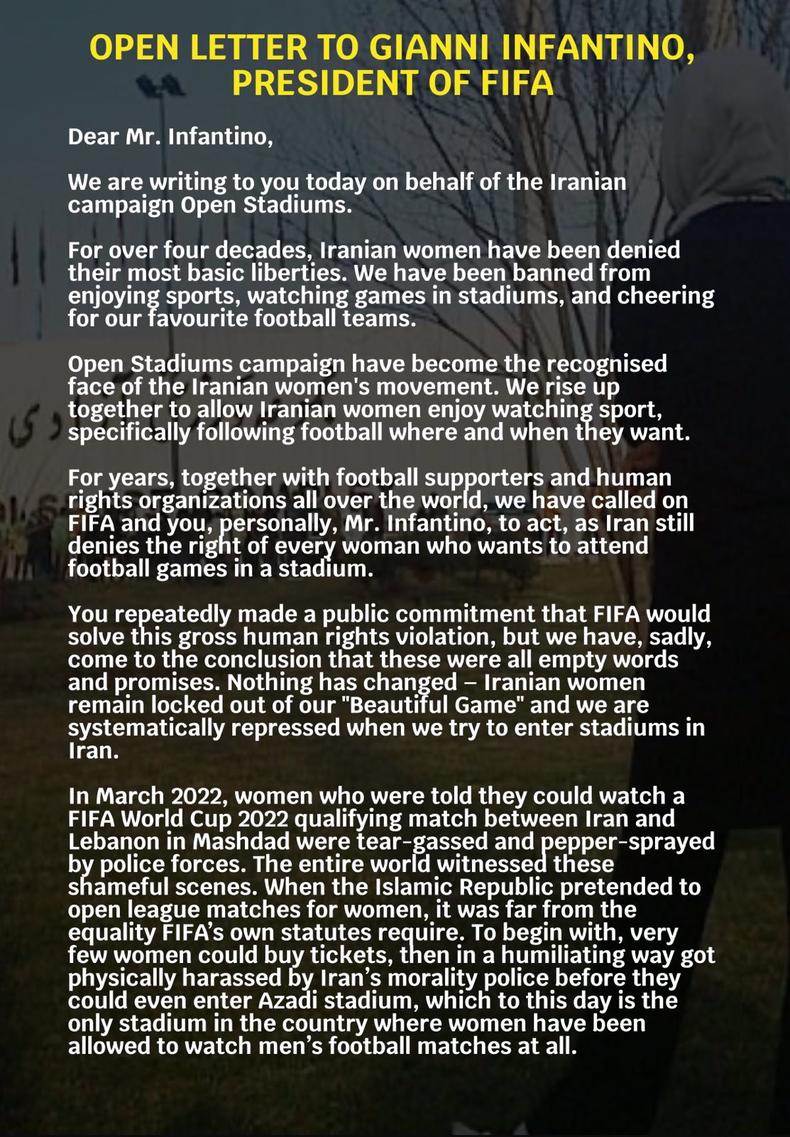 OpenStadiums on Twitter "As Iranian football fans, with heavy heart we asked FIFA, due to