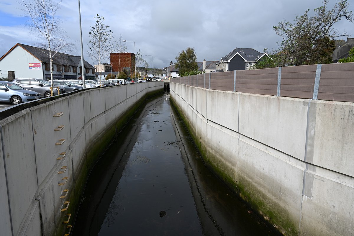 EcofactEcology's tweet image. The Skibbereen Flood Scheme earlier this week; brutally channelized river and concrete flood walls - but a nice sign about bees. This sums up Ireland's approach to the biodiversity crisis. Parts of the town also flooded after this hard engineering scheme.
