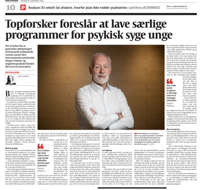 Great to have 'Topforsker' (Top researcher😀🇩🇰) Pat McGorry  @PatMcGorry in Denmark - and in this morning's newspaper @politiken @SigneThoms @orygen_aus @headspace_aus #IAYMH2022 
@headspaceDK