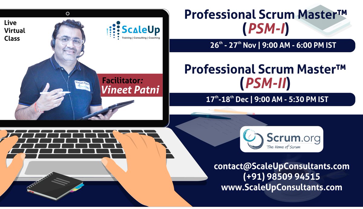 ScaleUpPune's tweet photo. Upcoming Workshops by https://t.co/xuEYYCcDR4 | LIVE ONLINE | Vineet Patni
Professional Scrum Master (PSM-I) | 26-27 Nov | https://t.co/wOIQA1zpQk
Professional Scrum Master (PSM-II) | 17-18 Dec | https://t.co/O7R7UxYT4M
#scrum #scrummaster #agile #psm #professionalscrummaster https://t.co/w6bJT4O1VH