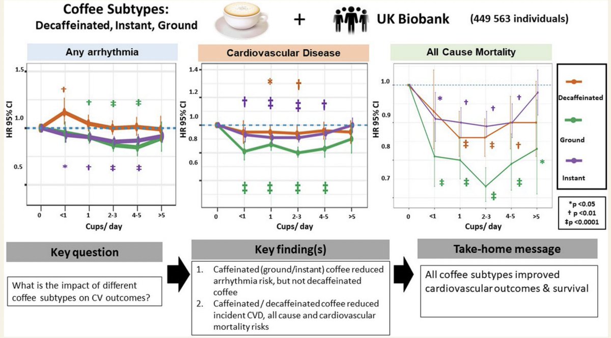 Morning coffee lovers!

Decaffeinated, ground &amp; instant coffee ( esp 2–3 cups/day associated with ⬇️incidence of cardiovascular disease &amp; mortality. 

Ground and instant but not decaffeinated coffee  associated with ⬇️ risk of arrhythmia

academic.oup.com/eurjpc/advance…