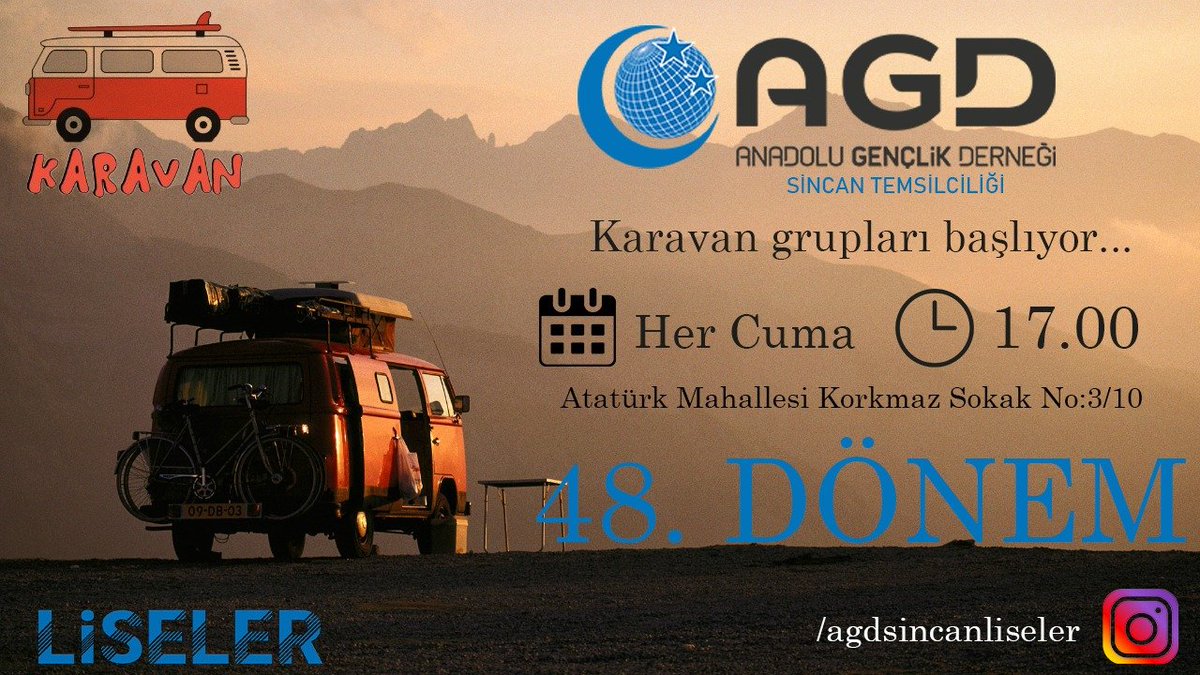*Selamün Aleyküm Kıymetli Kardeşlerim,*

48.Dönemin ilk Karavan Grubu sohbeti için sizleri 
Anadolu Gençlik Derneği Sincan Temsilciliğimize bekliyoruz. 

📍Atatürk mahallesi Korkmaz sokak No:3/10
📅 *30.09.2022*
⏰ *17.00*