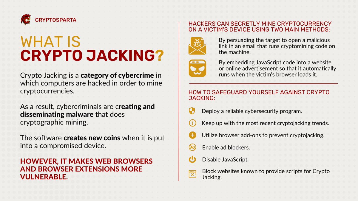 Cryptospartallc's tweet photo. Crypto Jacking – What is it, how does it work, and measures to safeguard yourself.
Follow @Cryptospartallc for more !
#crypto #cryptocurrencies #nft #nftcommunity #btc #cryptojacking #cybercrime #cryptotrends #cryptomarket #virtualcurrency #digital #cryptosparta https://t.co/zzdJSD6g3l