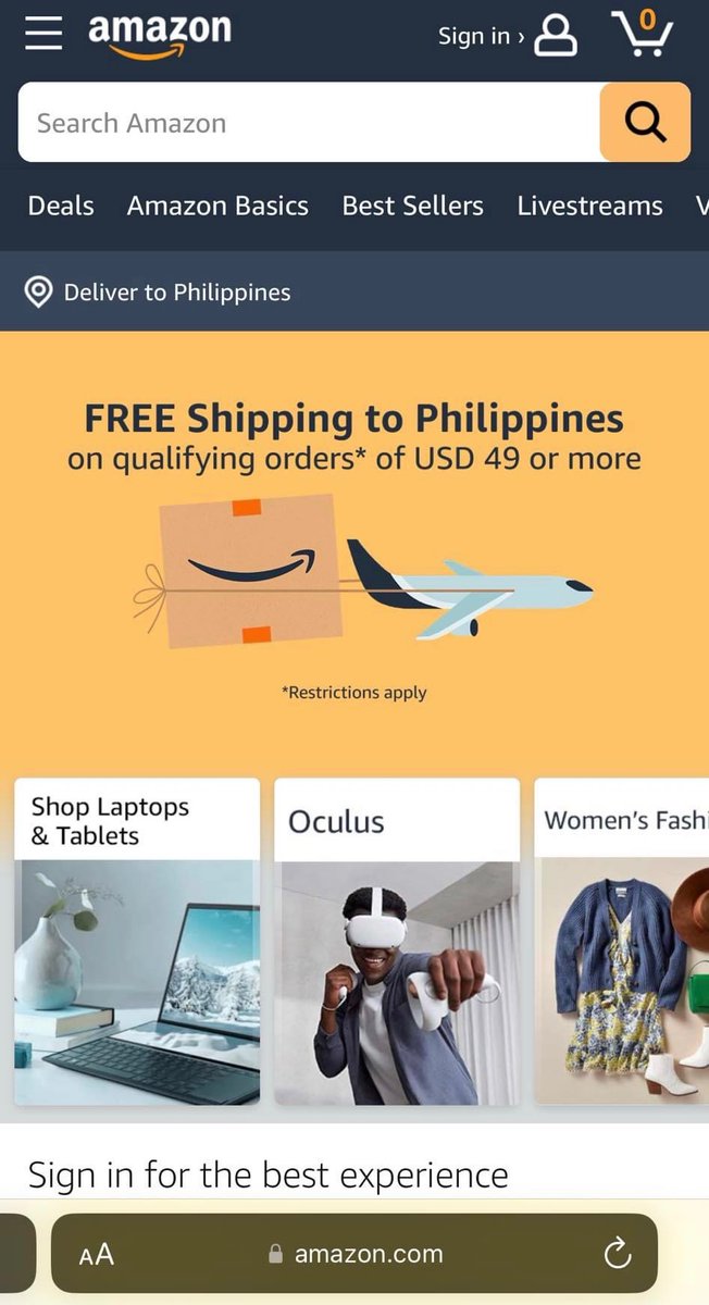 Cressidachic's tweet photo. To my Filipino moots, Amazon is now shipping to the Philippines for free (on qualifying orders of $49 or more) Just set your delivery address to a Philippine address! #DeleteShopee #BoycottShopee https://t.co/PRpf3f7MHz