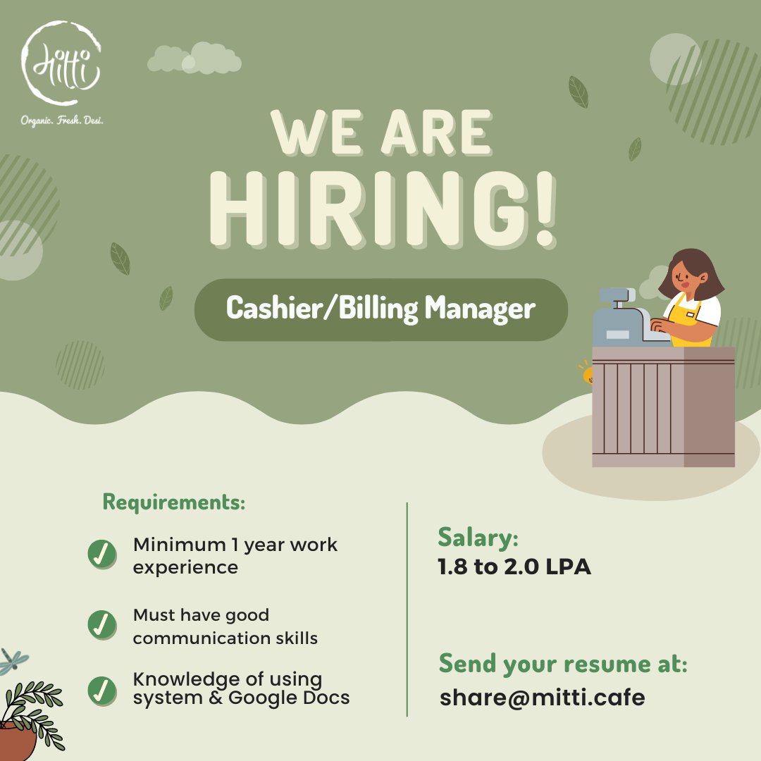 MittiCafe's tweet photo. #HiringNow
We at Mitti Café are looking for dynamic people to join our team.
Looking for a Billing Manager urgently!
So if you think you are a perfect fit and would like to join our team, please mail your resumes at share@mitti.cafe
#hiring #indorejobs #jobsinindore #mitticafe https://t.co/NkIZSXXMcy
