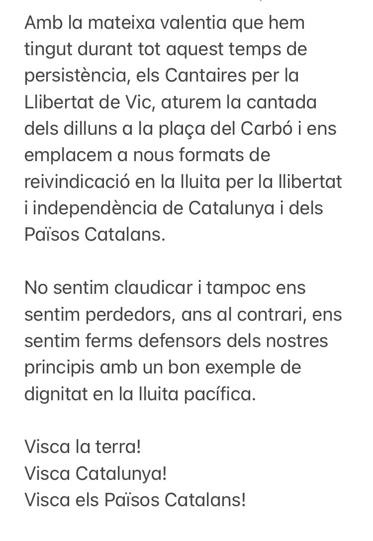 cantem_Vic's tweet photo. El proper dilluns dia 3 d’octubre a les 20:00h, aturem la nostra concentració setmanal després de 240 dilluns consecutius cantant per la LLIBERTAT. 
@CDRepublicaVic @AssembleaOsona @ OmniumOsona @ConsellxRep @MusicsLlibertat @Llibertatmusica https://t.co/QmAZUEpf0r