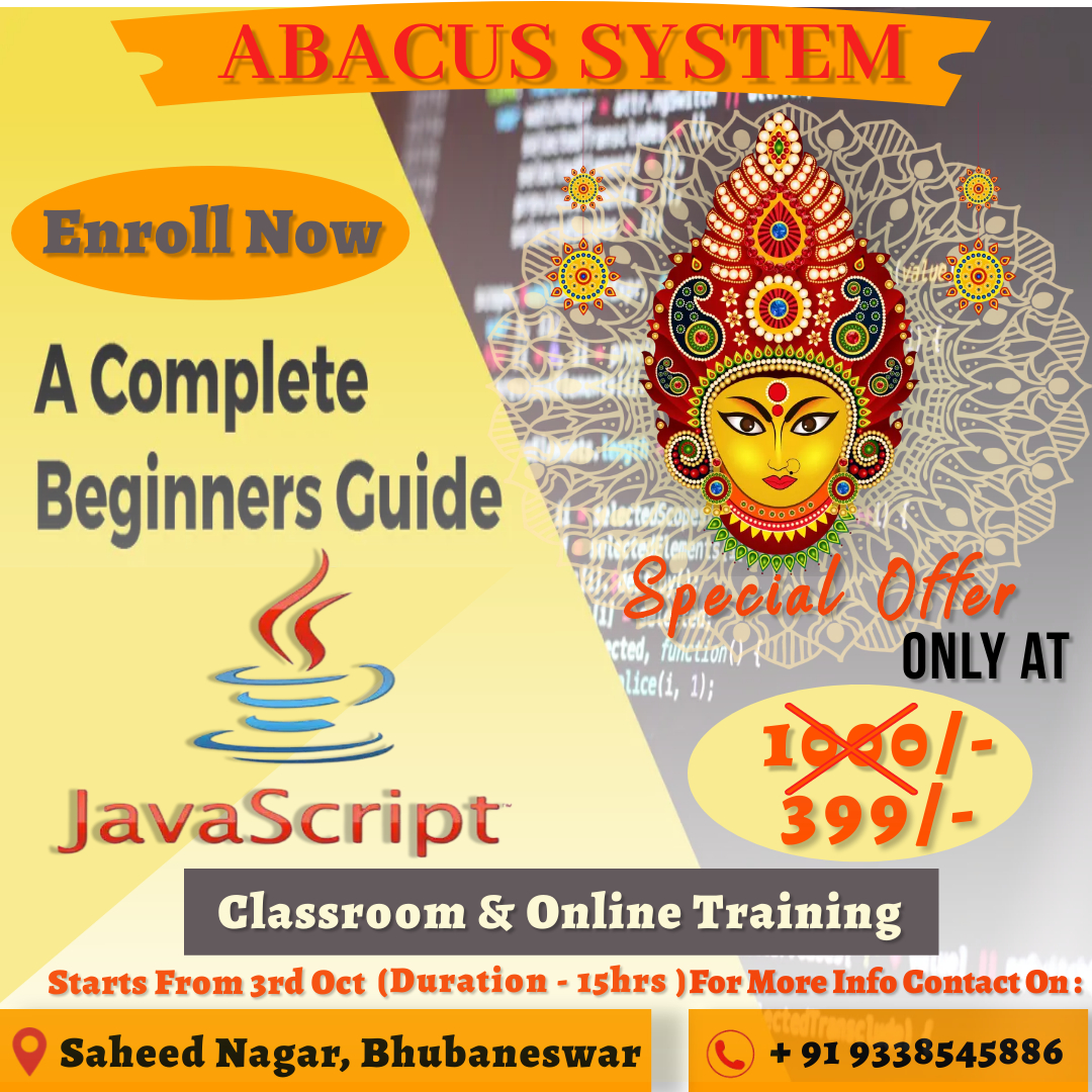 abacus_system's tweet photo. 👉Grab the Opportunity to Attend #javascript Beginners Training.
Hurry Up… !!🥳🥳
✍️Enroll Now
#Interested candidates please Contact Us On : +91 9338545886 
#pujaspecial #pujavibes #pujavibe2022 #offers  #javascript #javascriptlearning #javascriptbeginners #training #Bhubaneswar https://t.co/JEoaEamkdp