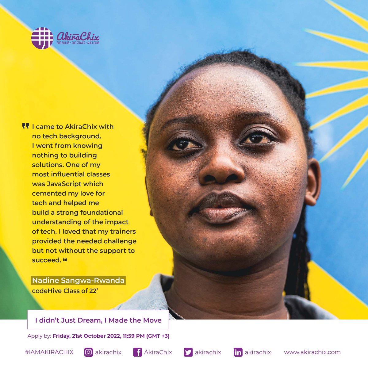 akirachix's tweet photo. You do not need a background in #tech nor to be excellent at it to apply for the #codeHiveClassOf2023. Nadine Sangwa from #rwanda can attest to it.
All you need to thrive in the #codeHive program is an interest in technology & an eagerness to learn. #IAMAKIRACHIX https://t.co/Ripp9vk4jG