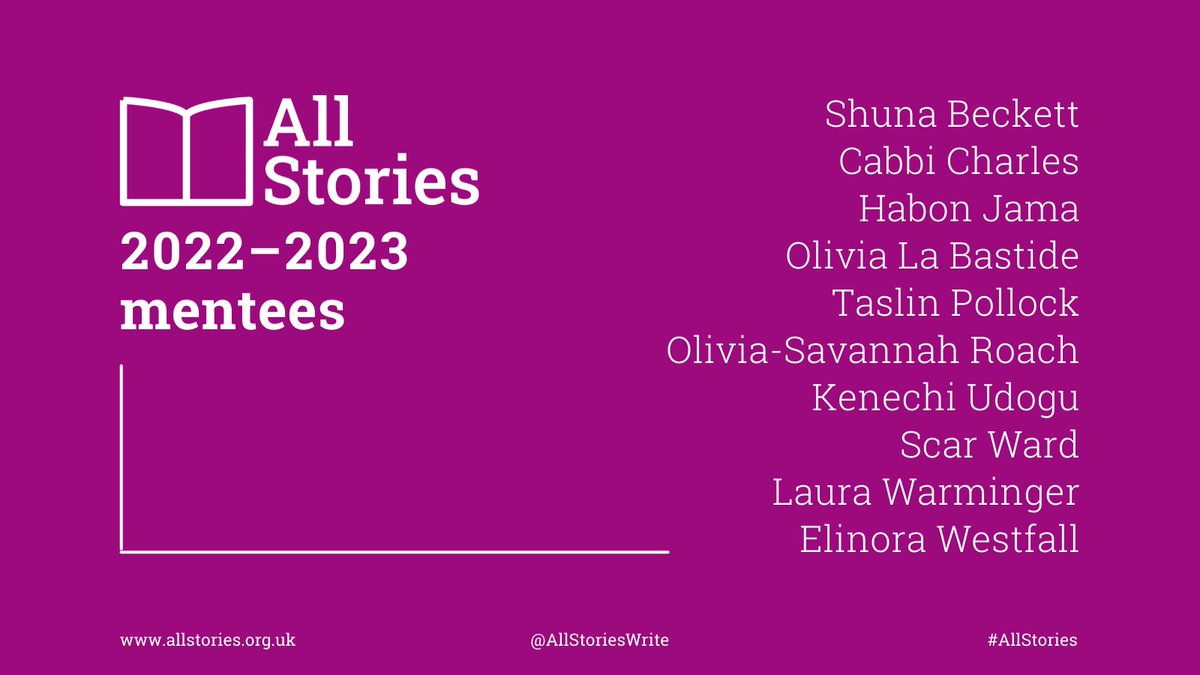 AllStoriesWrite's tweet image. Today's the day! Announcing the 2022–2023 All Stories mentees: @Scar_Ward @laurastorybooks @zuribooks @BeckettShuna @taslinp @elinorawriter @olivialabastide @HabonJama @kenechiudogu @oliviascatastro
So many congratulations to you all 🎉🎉🎉 Welcome to the #AllStories family!