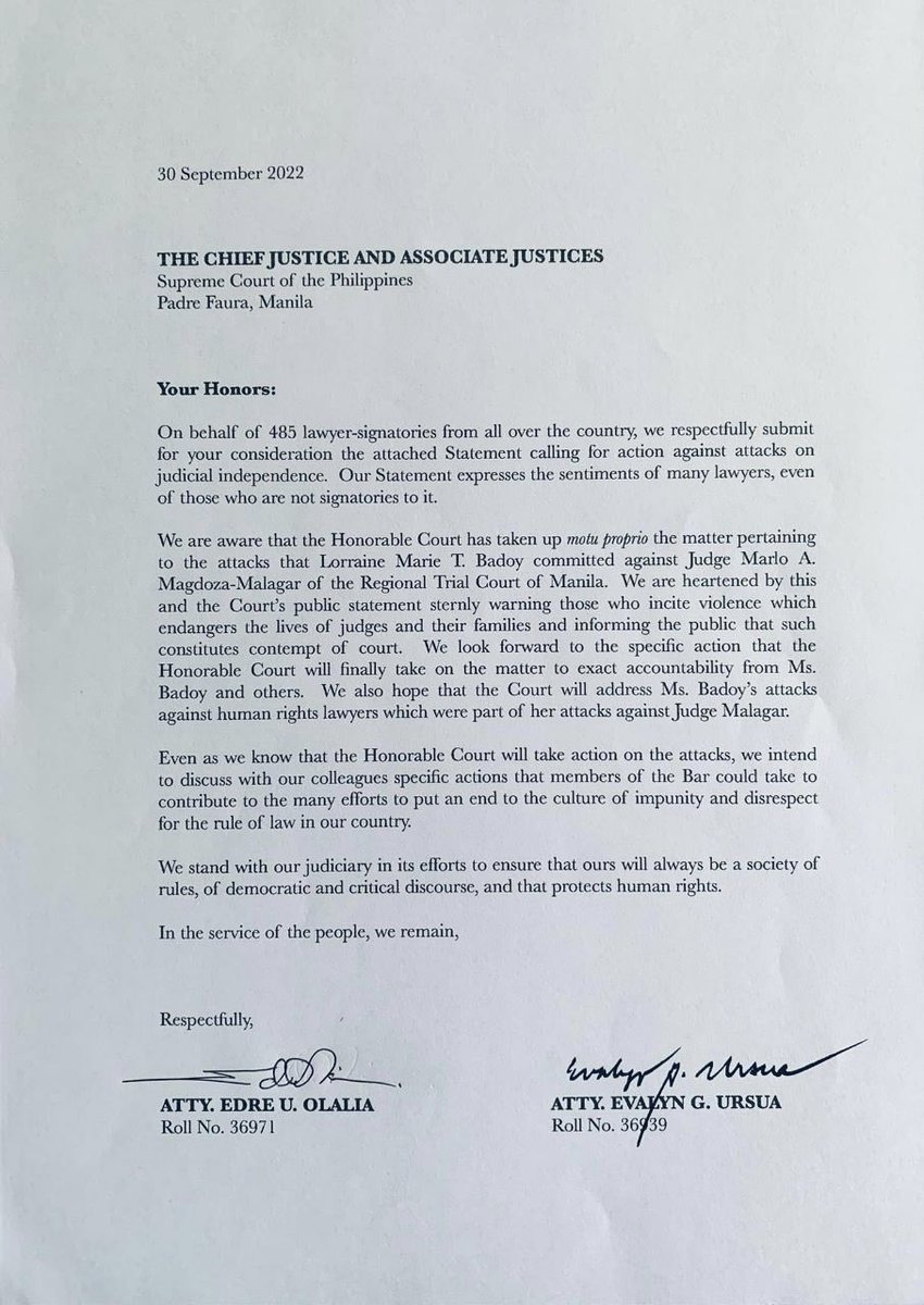 mikenavallo's tweet photo. The joint statement of lawyers condemning ex-NTF-ELCAC Lorraine Badoy’s “attacks” against Judge Marlo Magdoza-Malagar has now reached the Supreme Court after it was sent through the Office of the Court Administrator.

A total of 485 lawyers signed the statement. https://t.co/envBbwaloI