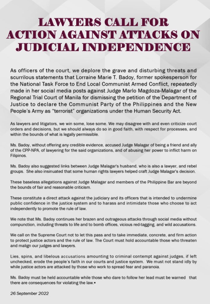 mikenavallo's tweet photo. The joint statement of lawyers condemning ex-NTF-ELCAC Lorraine Badoy’s “attacks” against Judge Marlo Magdoza-Malagar has now reached the Supreme Court after it was sent through the Office of the Court Administrator.

A total of 485 lawyers signed the statement. https://t.co/envBbwaloI