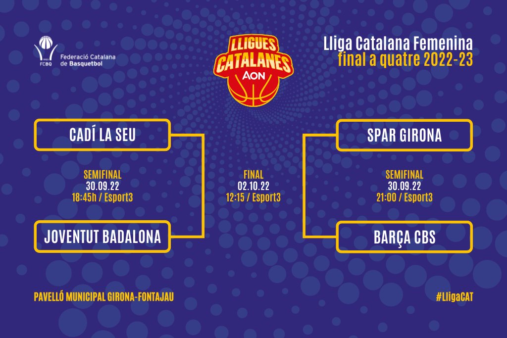 🏆 Avui arrenca la Final a Quatre de la 34a #LligaCAT AON 2022 Femenina de #Girona

🏟️ Fontajau

🗓️ 30/9 Semifinals
🏀 18:45h <a href="/sedisbasquet/">AE Sedis Bàsquet</a> 🆚 <a href="/Penya1930/">Club Joventut Badalona</a>
🏀 21:00h <a href="/unigirona/">Spar Girona</a> 🆚 @FCBbasket_fem

🗓️ 2/10 Final
🏀 12:15h

📺 <a href="/esport3/">Esport3</a>
➡️ basquetcatala.cat/noticies/9549